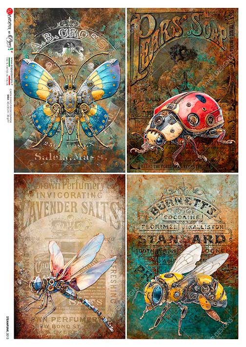 Paper Designs Italian Rice Paper, Colorful Steampunk Insects, Ladybug, Bee, Butterfly, Wasp , A4, Decoupage, Mixed Media, DIY Crafts