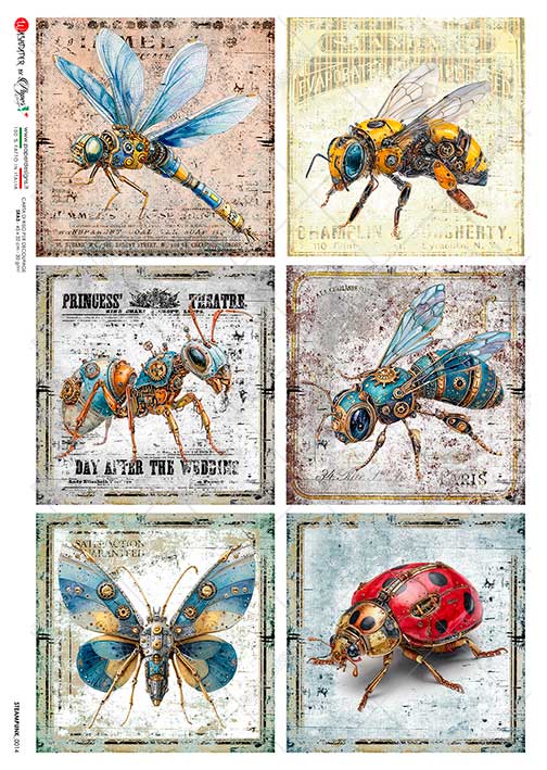 Paper Designs Italian Rice Paper, Colorful Steampunk Insects, Ladybug, Bee, , Ant, Butterfly, Wasp , A4, Decoupage, Mixed Media, DIY Crafts