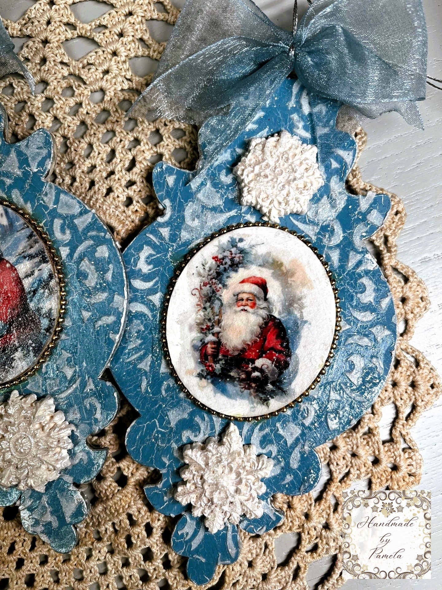 Handcrafted, Laser cut MDF, Christmas Ornament Set of 3, Santa Claus, Decoupage, Mixed Media