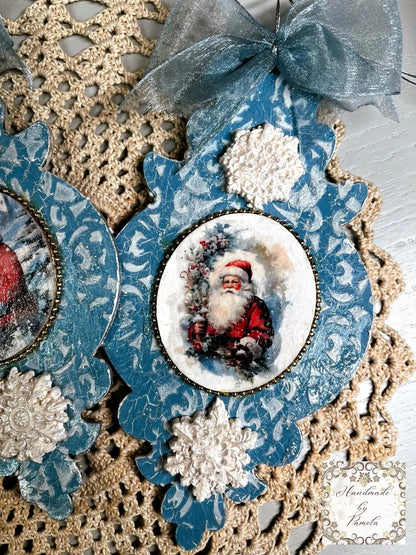 Handcrafted, Laser cut MDF, Christmas Ornament Set of 3, Santa Claus, Decoupage, Mixed Media Handmade by Pamela
