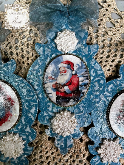 Handcrafted, Laser cut MDF, Christmas Ornament Set of 3, Santa Claus, Decoupage, Mixed Media Handmade by Pamela