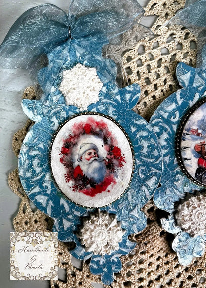 Handcrafted, Laser cut MDF, Christmas Ornament Set of 3, Santa Claus, Decoupage, Mixed Media Handmade by Pamela