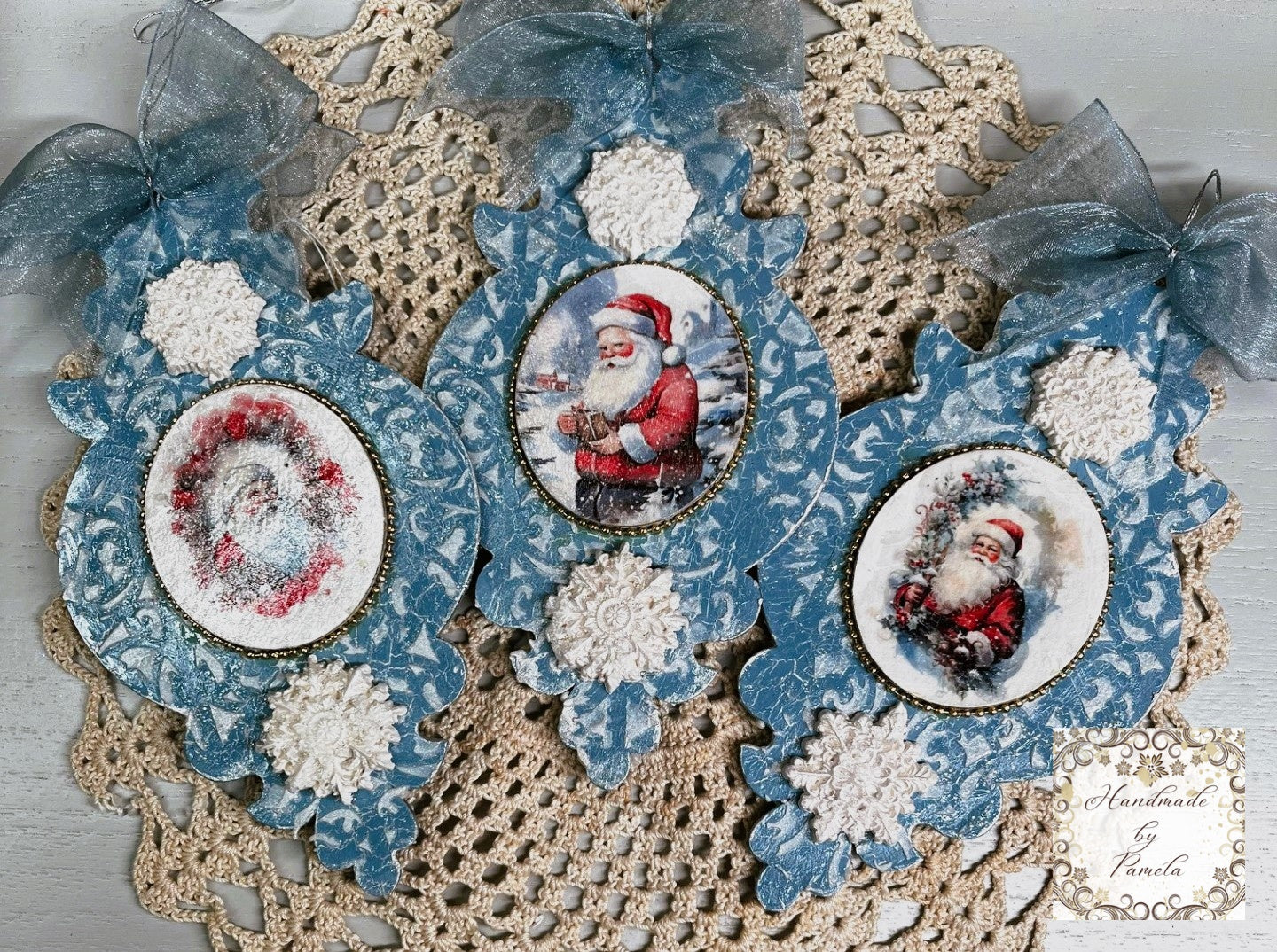 Handcrafted, Laser cut MDF, Christmas Ornament Set of 3, Santa Claus, Decoupage, Mixed Media