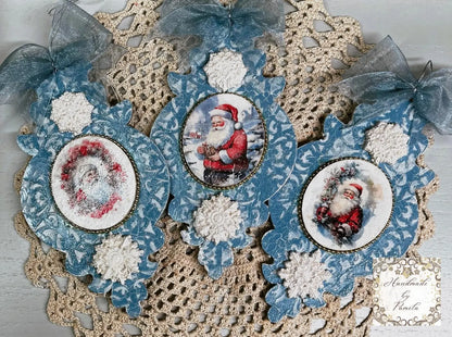 Handcrafted, Laser cut MDF, Christmas Ornament Set of 3, Santa Claus, Decoupage, Mixed Media Handmade by Pamela