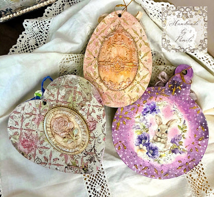 Handcrafted, Decoupage, Mixed Media, Shaker Ornament Heart, Egg and Circle Handmade by Pamela