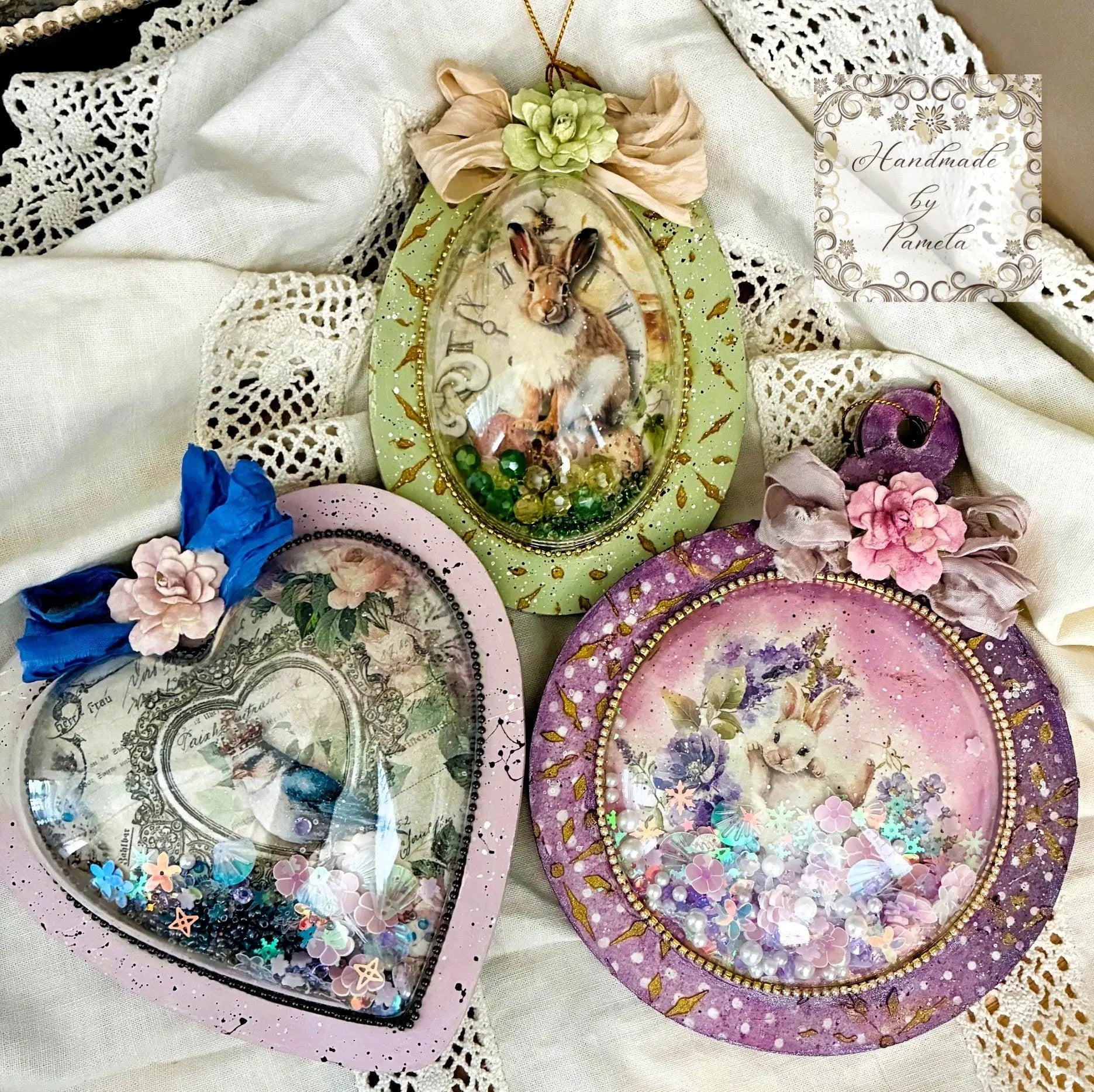 Handcrafted, Decoupage, Mixed Media, Shaker Ornament Heart, Egg and Circle Handmade by Pamela