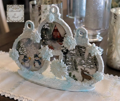 Handcrafted, laser cut MDF, Decoupage, Mixed Media, Christmas, Snow Ball, Snow Man, Table Top Holiday Decoration Handmade by Pamela