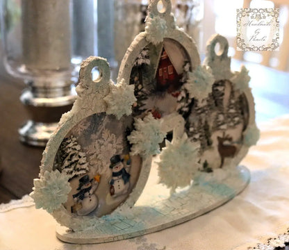 Handcrafted, laser cut MDF, Decoupage, Mixed Media, Christmas, Snow Ball, Snow Man, Table Top Holiday Decoration Handmade by Pamela