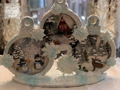 Handcrafted, laser cut MDF, Decoupage, Mixed Media, Christmas, Snow Ball, Snow Man, Table Top Holiday Decoration Handmade by Pamela