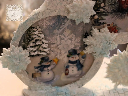 Handcrafted, laser cut MDF, Decoupage, Mixed Media, Christmas, Snow Ball, Snow Man, Table Top Holiday Decoration Handmade by Pamela