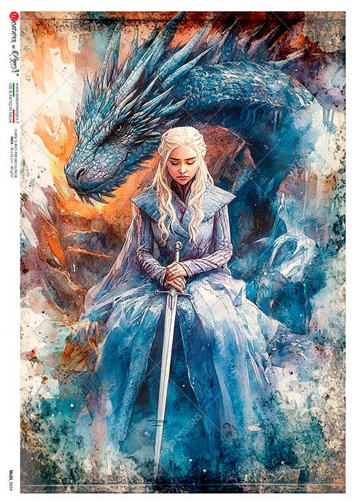 Paper Designs, Rice Paper, Dragon, Blue Warrior, Woman, Fantasy, Decoupage, Mixed  Media, TALES-0054, A4 8.3" X 11.7"