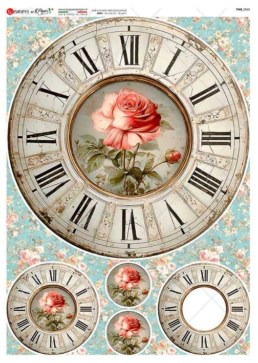 Paper Designs, Rice Paper, Time, Clocks, Clock Faces, Rounds, Roses, Vintage Style, 0068, A4 8.3" X 11.7", Decoupage, Mixed Media