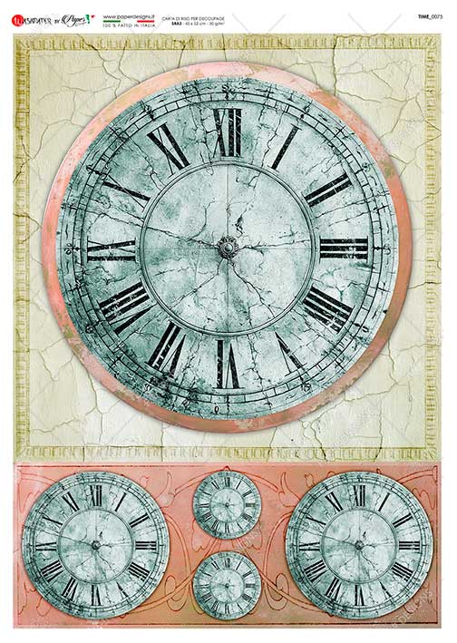 Paper Designs Italian Rice Paper, Clock Faces, Time, Vintage Style, A4, Decoupage, Mixed Media, DIY Crafts