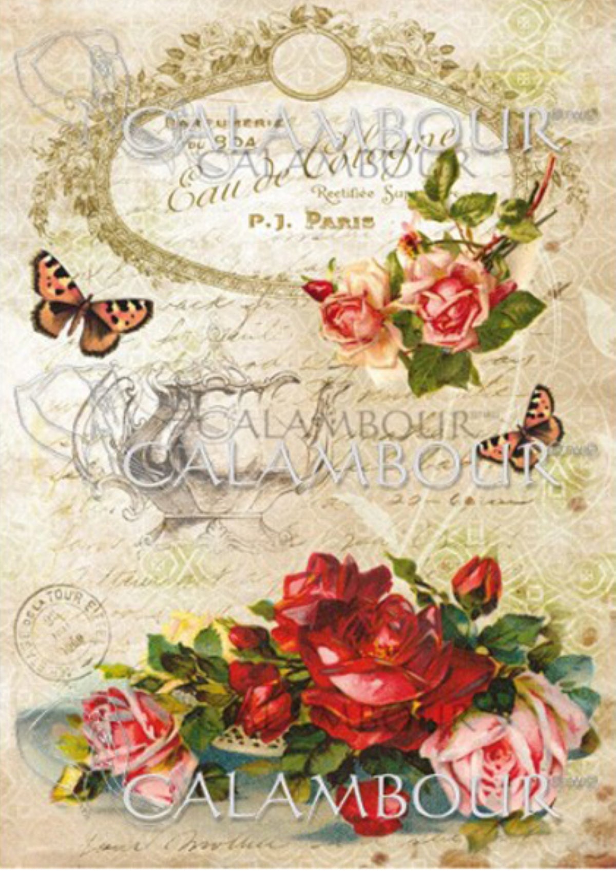 Calambour Italian Design Parisienne Collection, Shabby Chic, Roses, Butterfly, TT013 Mulberry Rice Paper Decoupage 23 x 32 cm 9 x 12.5 in A4