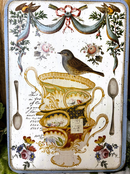 Handcrafted Vintage Style Plaque, Stacked Tea Cups, Floral, Bird, IOD Belgravia, Shabby Chic, Mixed Media, Wall Art, Decor, 8 1/8" x 11 3/4"