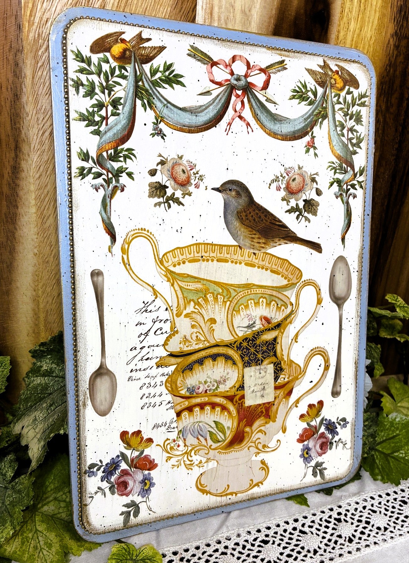 Handcrafted Vintage Style Plaque, Stacked Tea Cups, Floral, Bird, IOD Belgravia, Shabby Chic, Mixed Media, Wall Art, Decor, 8 1/8" x 11 3/4"