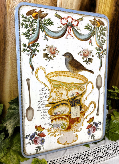 Handcrafted Vintage Style Plaque, Stacked Tea Cups, Floral, Bird, IOD Belgravia, Shabby Chic, Mixed Media, Wall Art, Decor, 8 1/8" x 11 3/4"