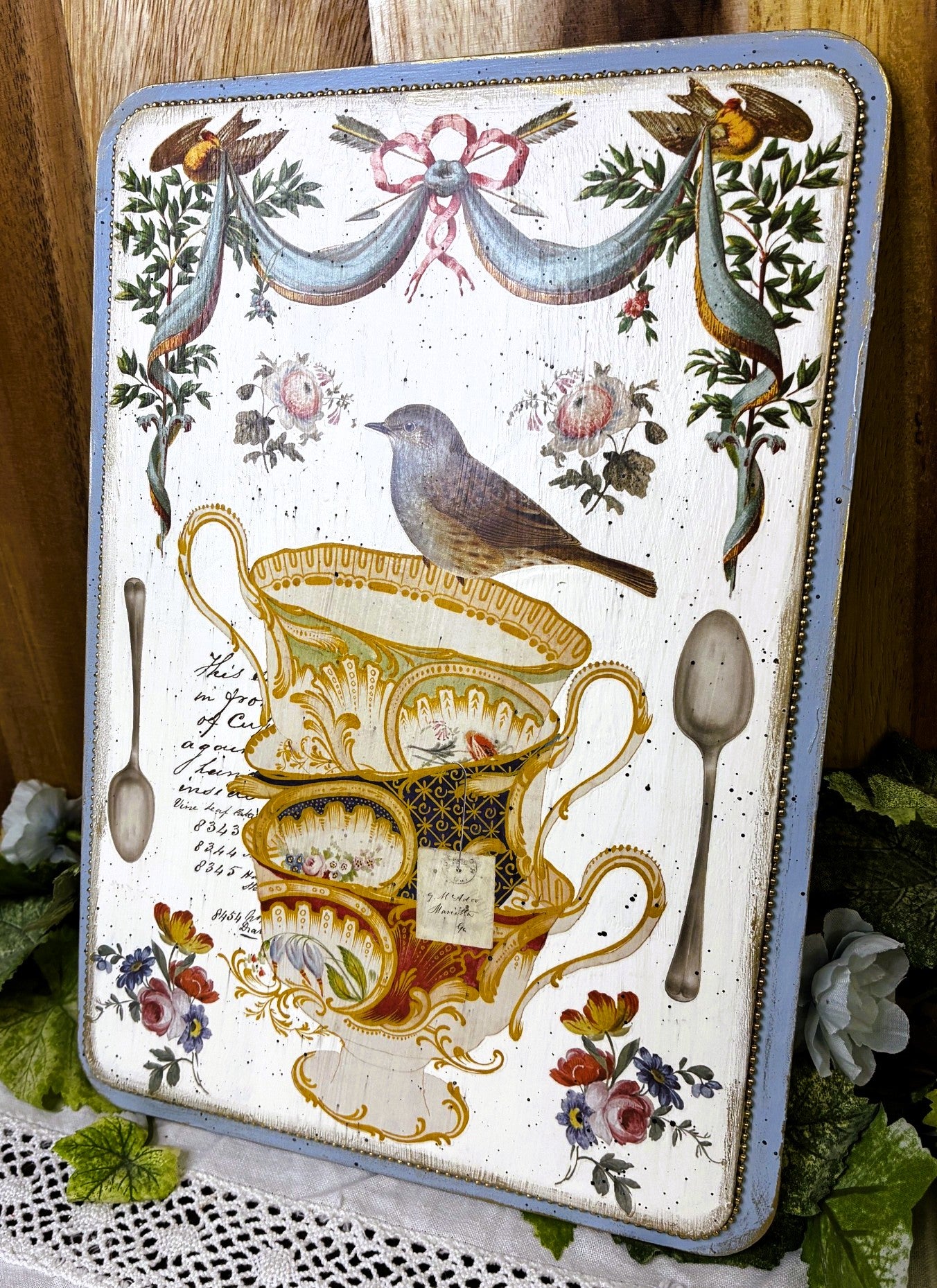 Handcrafted Vintage Style Plaque, Stacked Tea Cups, Floral, Bird, IOD Belgravia, Shabby Chic, Mixed Media, Wall Art, Decor, 8 1/8" x 11 3/4"
