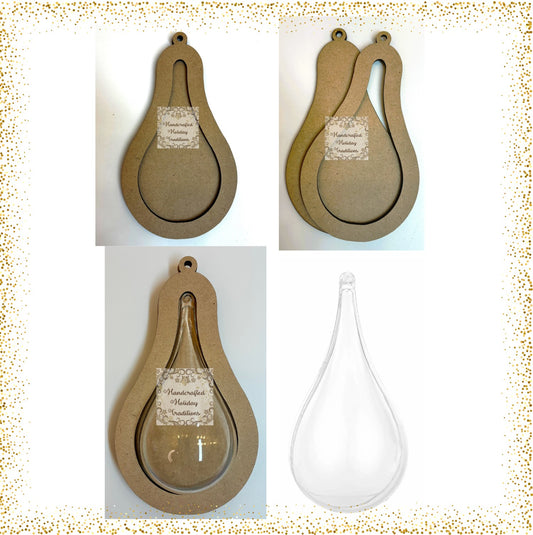 Laser Cut MDF Christmas Framed Tear Drop Shaker Ornament Set of 2 Blank Base, Decoupage, Mixed Media, DIY Crafts