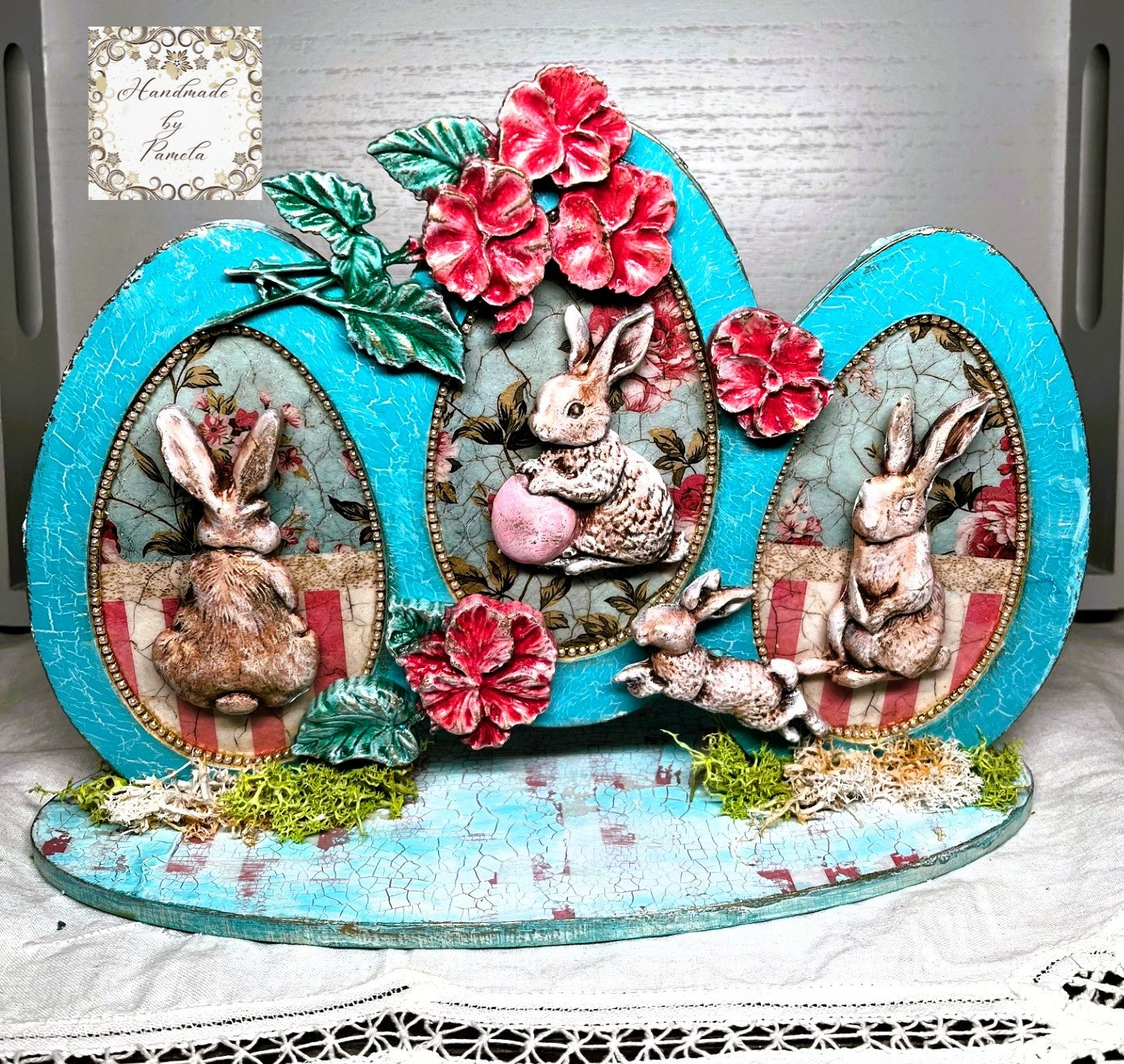Handcrafted, Easter Egg, Home Decoration, Shabby Chic, Mixed Media, Table Top Decor, Framed MDF, Easter Bunnies, Blue, Pink, Decoupage