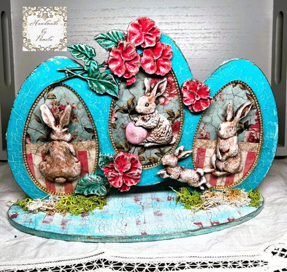 Handcrafted, Easter Egg, Home Decoration, Shabby Chic, Mixed Media, Table Top Decor, Framed MDF, Easter Bunnies, Blue, Pink, Decoupage Handmade by Pamela