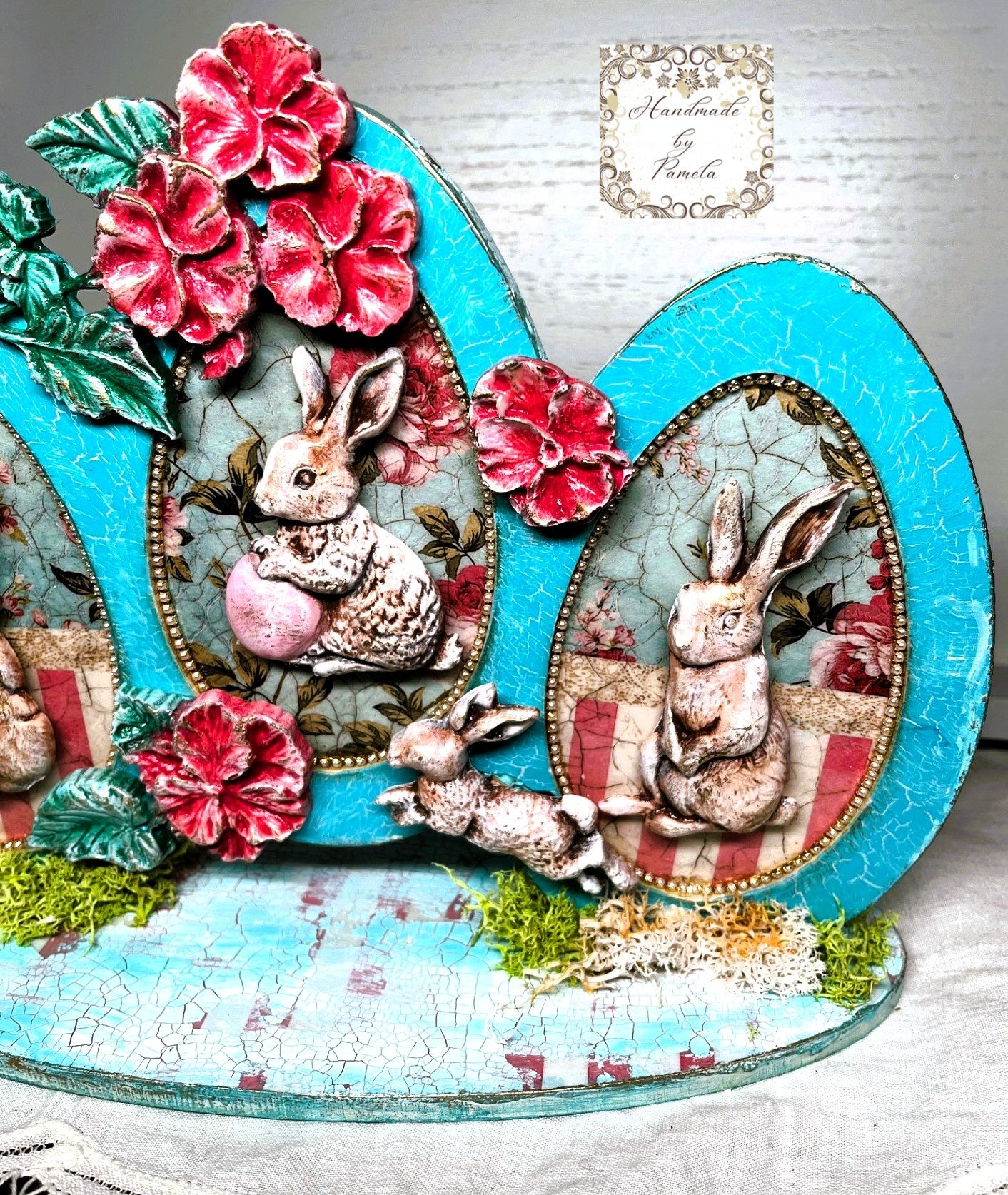 Handcrafted, Easter Egg, Home Decoration, Shabby Chic, Mixed Media, Table Top Decor, Framed MDF, Easter Bunnies, Blue, Pink, Decoupage
