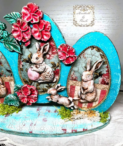 Handcrafted, Easter Egg, Home Decoration, Shabby Chic, Mixed Media, Table Top Decor, Framed MDF, Easter Bunnies, Blue, Pink, Decoupage Handmade by Pamela