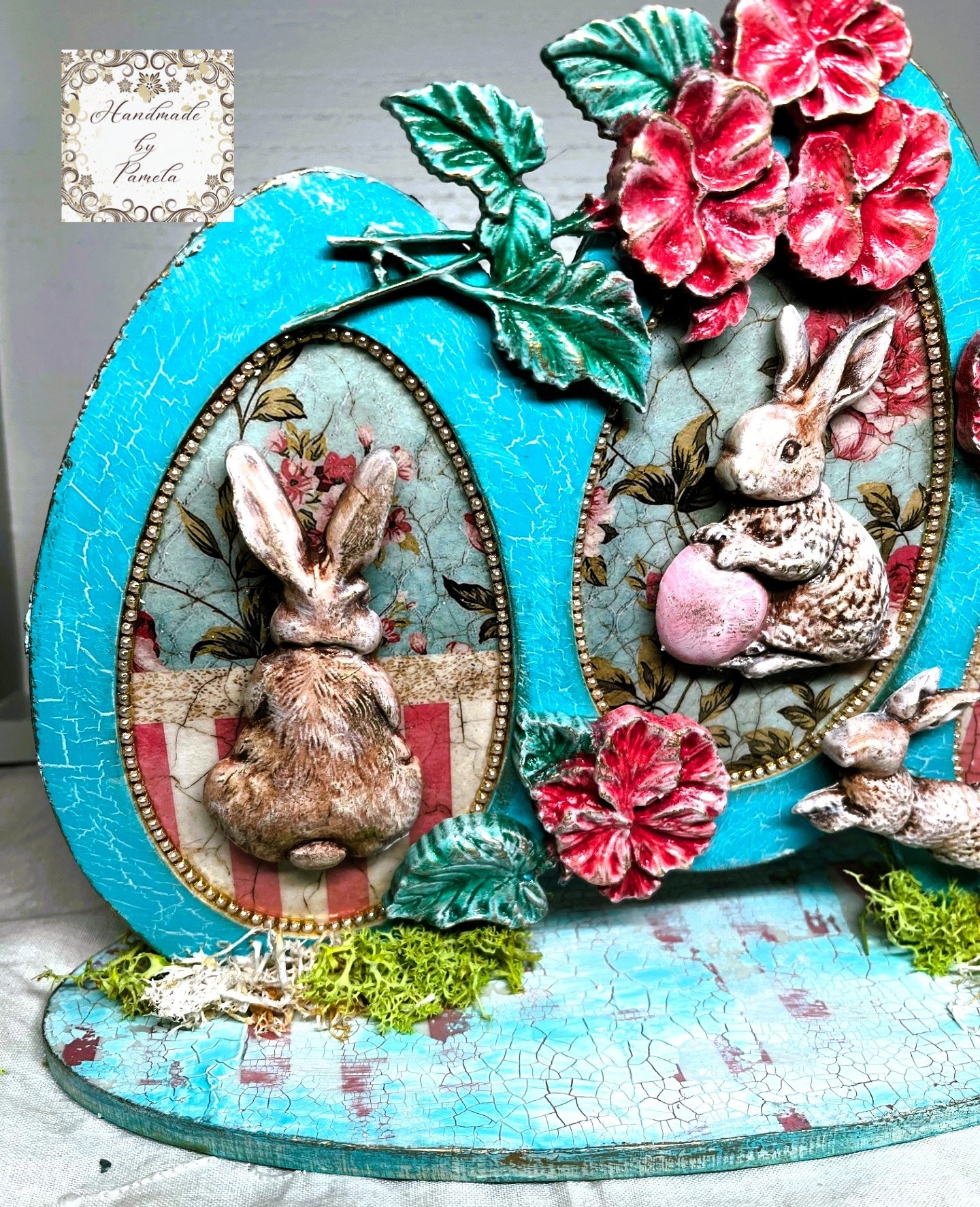 Handcrafted, Easter Egg, Home Decoration, Shabby Chic, Mixed Media, Table Top Decor, Framed MDF, Easter Bunnies, Blue, Pink, Decoupage