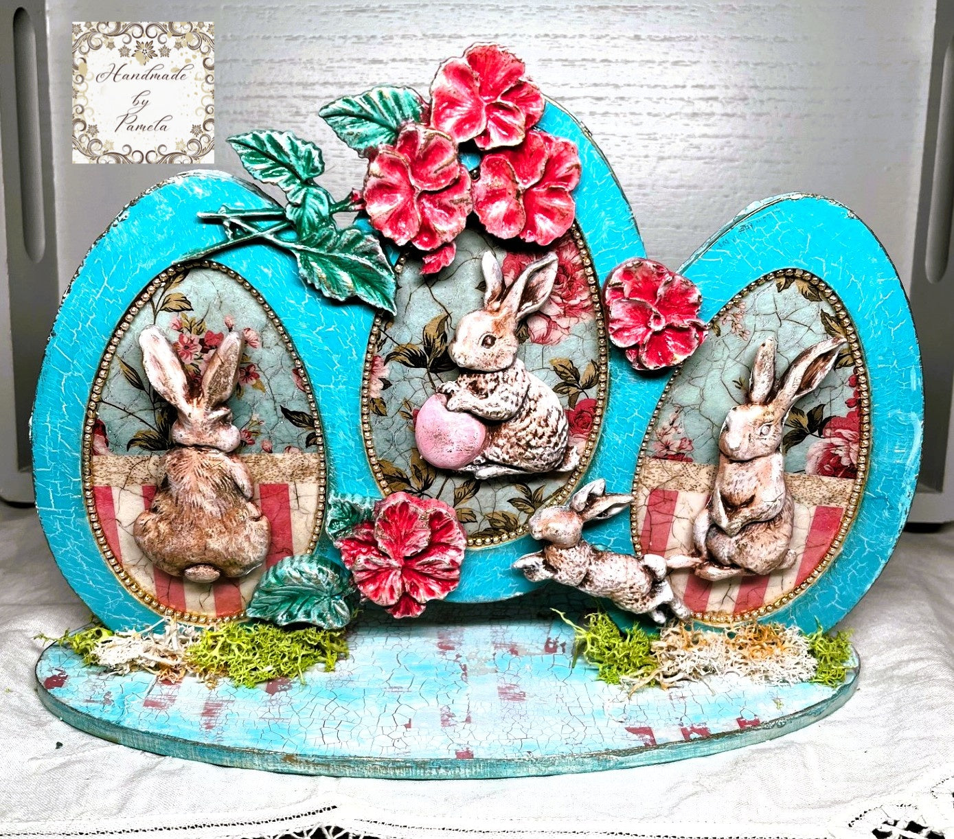 Handcrafted, Easter Egg, Home Decoration, Shabby Chic, Mixed Media, Table Top Decor, Framed MDF, Easter Bunnies, Blue, Pink, Decoupage