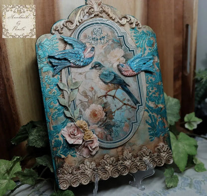 Handcrafted, Mixed Media, Decoupage, Plaque, Wall Art, Laser Cut MDF, Birds, Roses, Gold, Wall Art, Vintage, Shabby Chic Style Handmade by Pamela