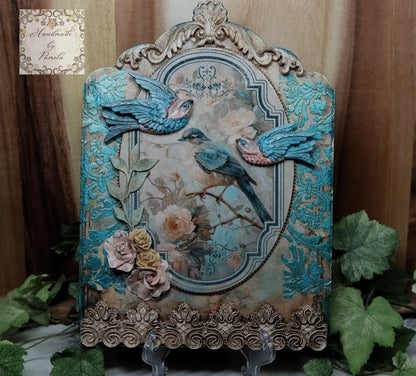 Handcrafted, Mixed Media, Decoupage, Plaque, Wall Art, Laser Cut MDF, Birds, Roses, Gold, Wall Art, Vintage, Shabby Chic Style Handmade by Pamela