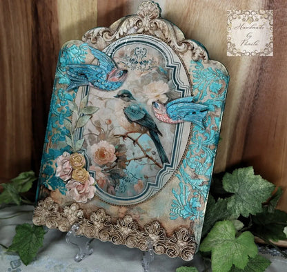 Handcrafted, Mixed Media, Decoupage, Plaque, Wall Art, Laser Cut MDF, Birds, Roses, Gold, Wall Art, Vintage, Shabby Chic Style Handmade by Pamela