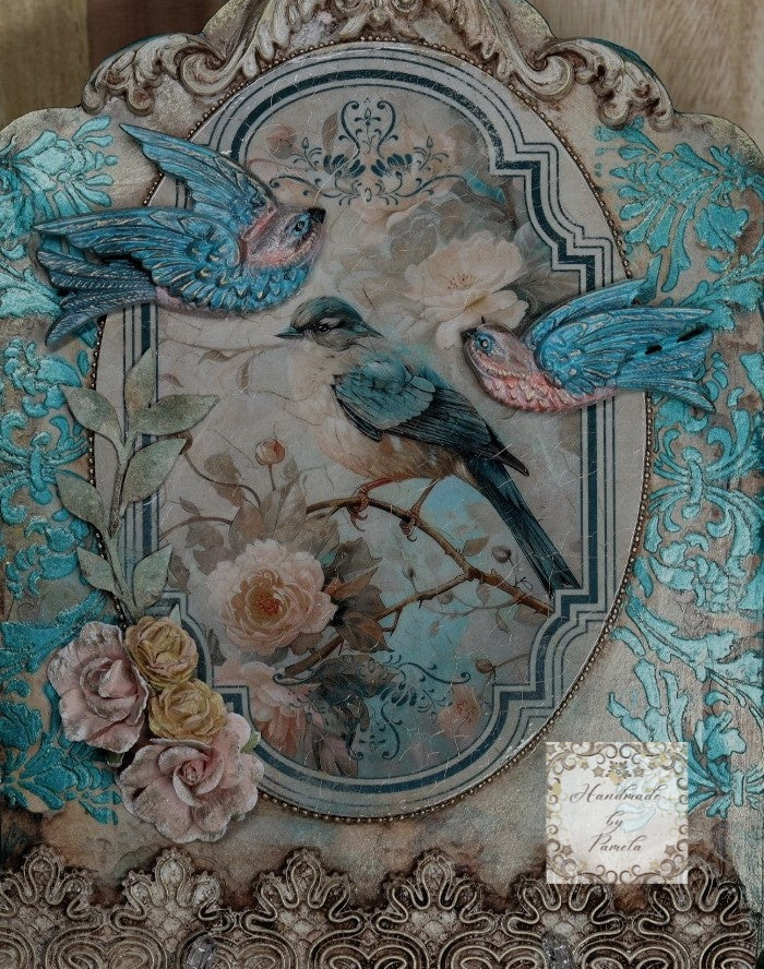 Handcrafted, Mixed Media, Decoupage, Plaque, Wall Art, Laser Cut MDF, Birds, Roses, Gold, Wall Art, Vintage, Shabby Chic Style