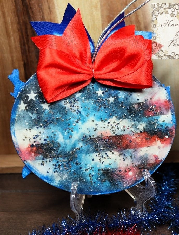 Handcrafted, Laser Cut America, Flag, USA Ornament, Decoupage, Mixed Media, Red, White, Blue, Festive, July 4th, Decorations