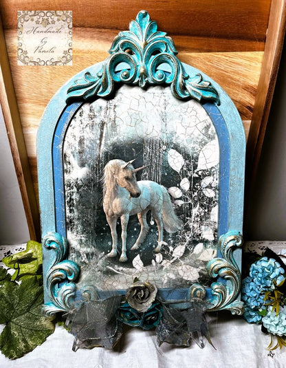 Handcrafted, Unicorn Wall Decor, Decoupage, Mixed Media, Fantasy in Blue Handmade by Pamela