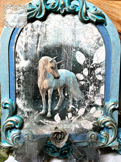 Handcrafted, Unicorn Wall Decor, Decoupage, Mixed Media, Fantasy in Blue Handmade by Pamela