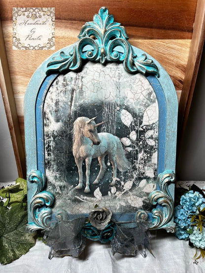 Handcrafted, Unicorn Wall Decor, Decoupage, Mixed Media, Fantasy in Blue Handmade by Pamela