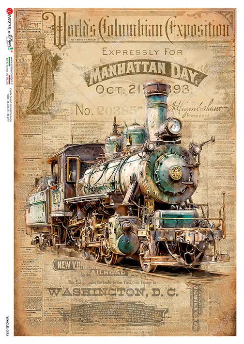Paper Designs Italian Rice Paper, Antique Style Locomotive, Train, Railroad, Vintage Style, A4, Decoupage, Mixed Media, DIY Crafts