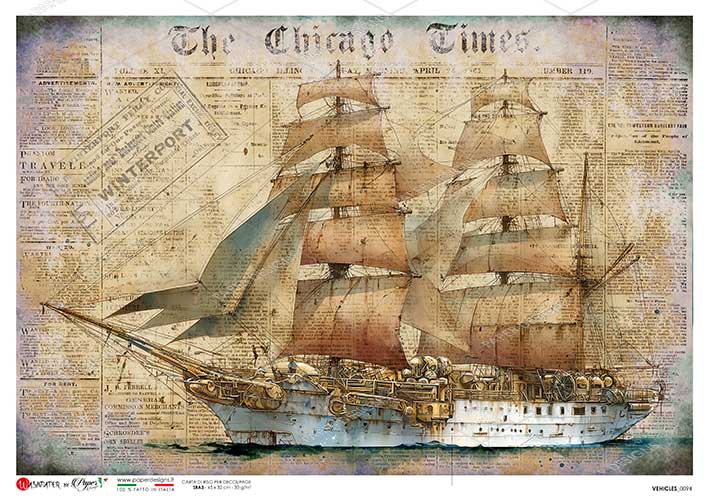 Paper Designs Italian Rice Paper, Antique Ship Illustration, Clipper, Frigate, Vintage Style, A4, Decoupage, Mixed Media, DIY Crafts