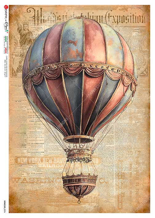 Paper Designs Italian Rice Paper, Antique Style Hot Air Balloon, Nostalgic, A4, Decoupage, Mixed Media, DIY Crafts