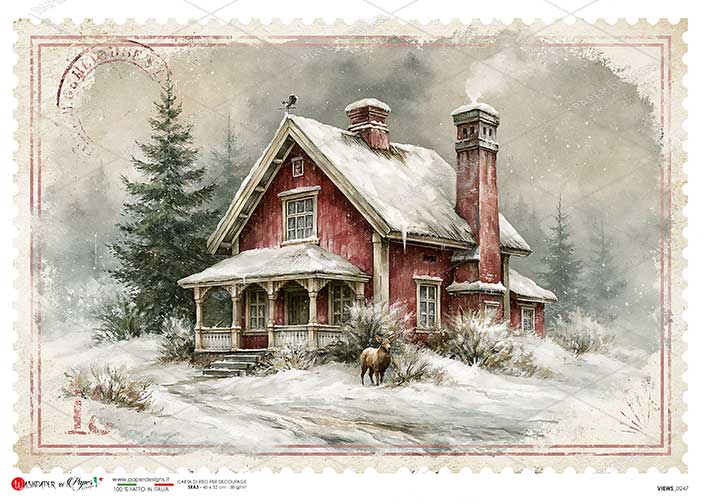 Paper Designs Rice Paper for Decoupage, Country Winter Houses Snow Landscape,  A4 8.6” x 12.5”, Decoupage, Mixed Media, Scrapbooking