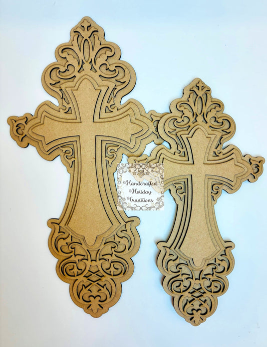 Laser Cut MDF Layered Cross Wall Art, Ornament, Vintage Style, Unfinished Base Decoupage, Mixed Media, DIY Crafts, 2 Sizes, 4 layers