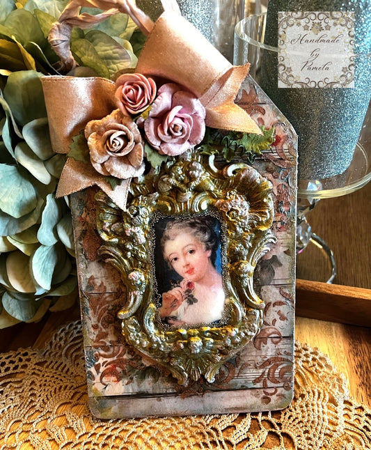 Handcrafted, Decoupage, Mixed Media, MDF Tag, Vintage Style, Portrait, Pink Roses, Shabby Chic Decoration Handmade by Pamela