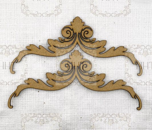 Laser Cut, MDF, Vintage Style, Pediment, Trim,  Flourishes, Decorative embellishments, Decorations, Accents, Set of 2, 8" x 2.5"