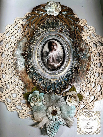 Handcrafted, Laser cut MDF, Vintage Style Girl Angel Portrait, Shabby Chic, Decoupage, Mixed Media Handmade by Pamela
