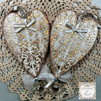 Handcrafted, Laser Cut MDF, Valentine Heart Ornament Set of 2, Vintage, Shabby Chic Style Handmade by Pamela