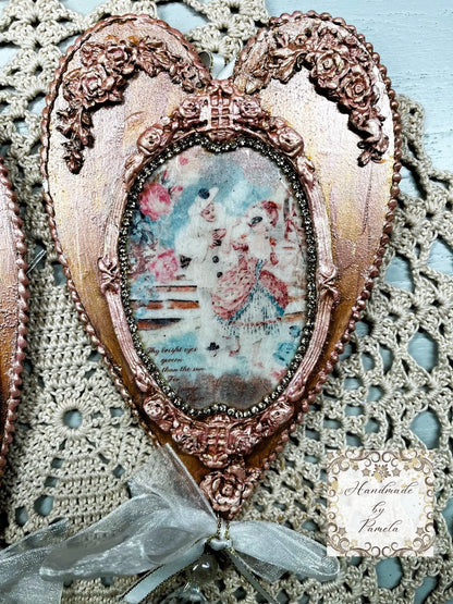 Handcrafted, Laser Cut MDF, Valentine Heart Ornament Set of 2, Vintage, Shabby Chic Style Handmade by Pamela