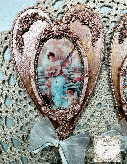 Handcrafted, Laser Cut MDF, Valentine Heart Ornament Set of 2, Vintage, Shabby Chic Style Handmade by Pamela