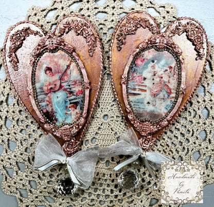 Handcrafted, Laser Cut MDF, Valentine Heart Ornament Set of 2, Vintage, Shabby Chic Style Handmade by Pamela