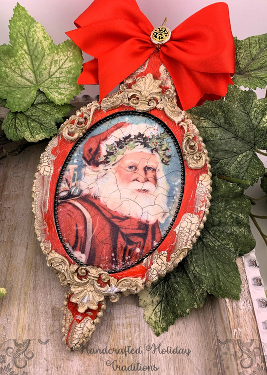 Handcrafted, Shabby Chic, Mixed Media, Vintage Style, Reversable Christmas Ornament, Vintage Santa Ornament, Decoupage, Antique Style Ornament Handmade by Pamela